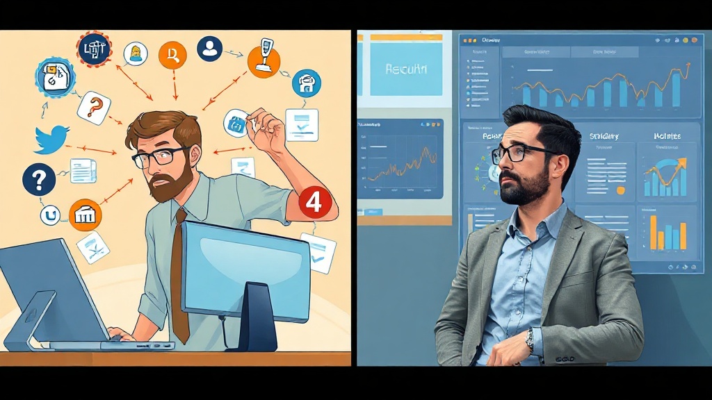 A split-panel illustration contrasting two states of modern recruiter skills — left side shows a recruiter overwhelmed by disconnected tools, right side shows the same recruiter engaged in focused conversation with a candidate, supported by an integrated technology dashboard.