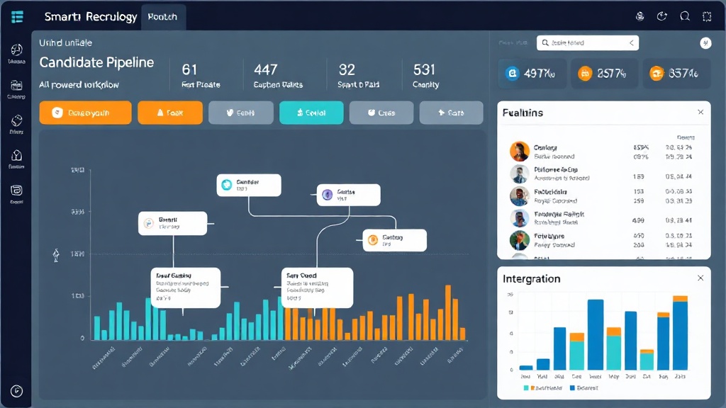 Smart recruitment technology platform dashboard showing unified candidate pipeline with AI-powered insights, automated workflow management, and integrated analytics.