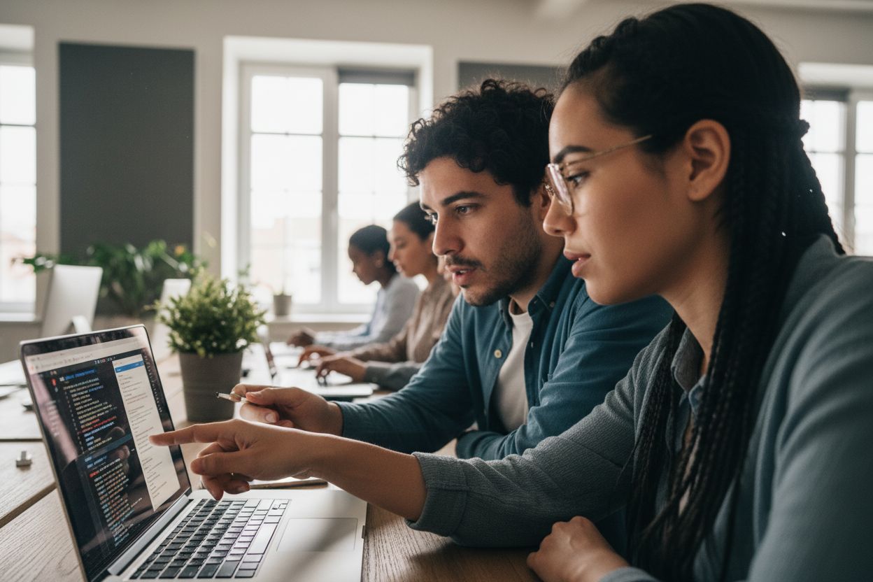 Latin American software developer and analyst working together