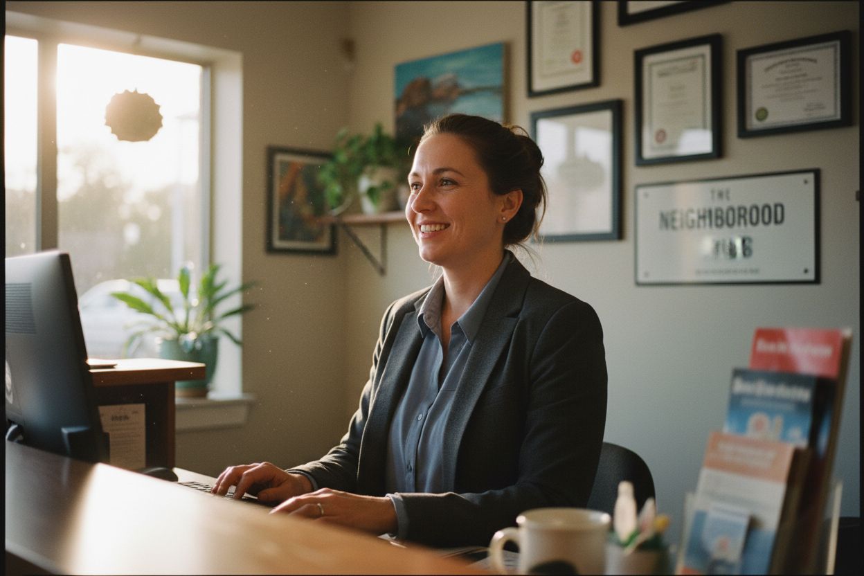 Professional employee at work in a local business reception area