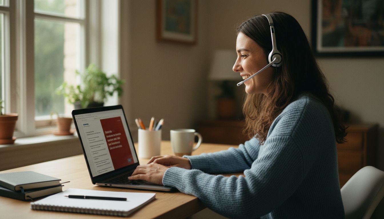 Bilingual virtual assistant working at a home office with a headset