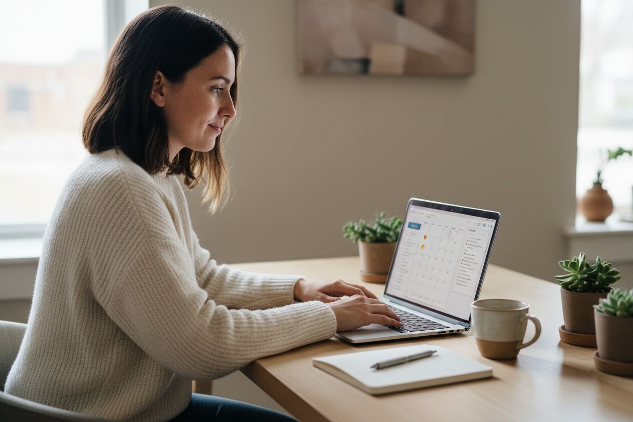 Virtual assistant organizing an inbox and calendar on a laptop